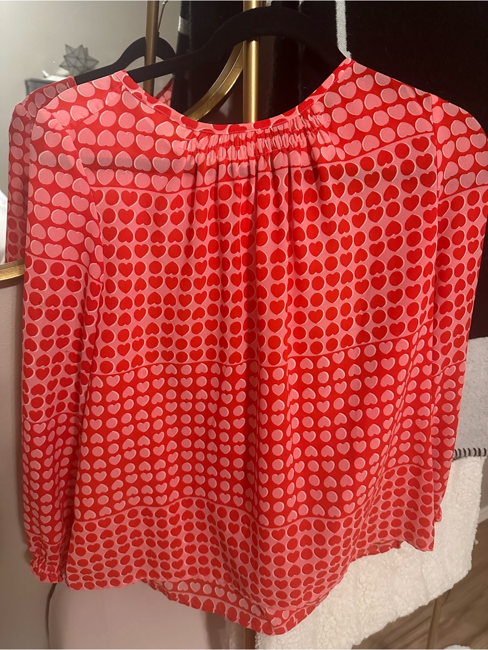 LOFT Red and Pink Heart Print Long-Sleeve Blouse
